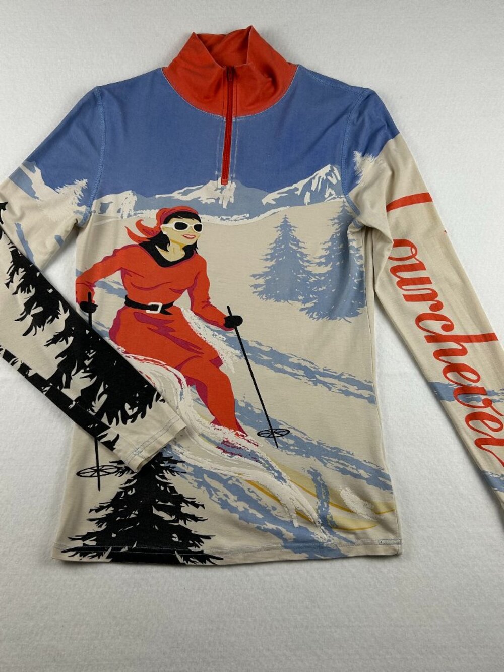 Neve | Silk Wool Ski Base Layer Top Retro Skier Graphic 1/4 Zip Apres Ski, Small